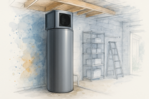 Heat pump water heater installed in a home garage with condensate line routed to a utility sink