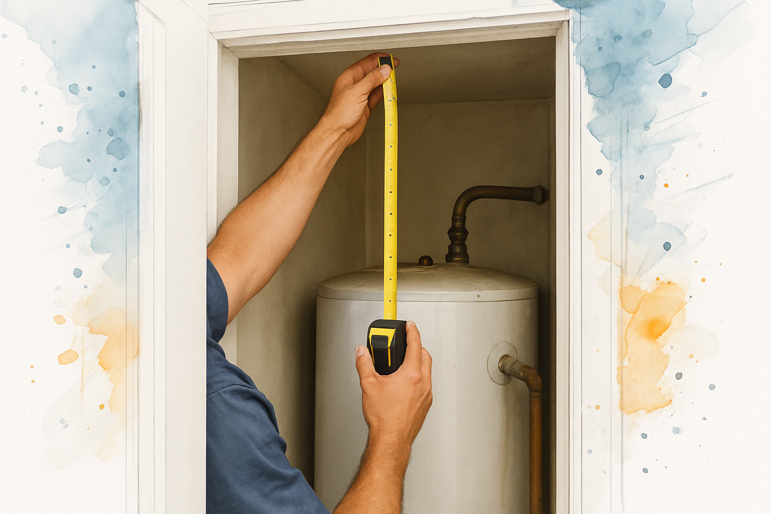 Plumber measuring vertical clearance above an existing water heater in a narrow hallway closet