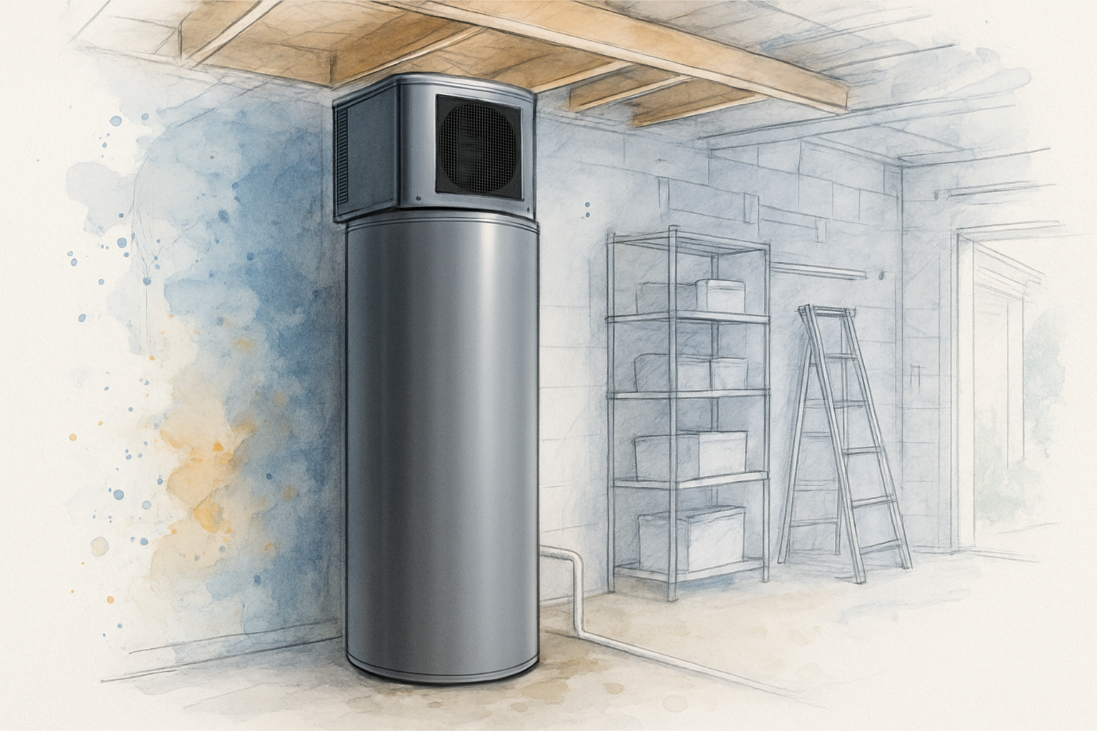 Heat pump water heater installed in a home garage with condensate line routed to a utility sink