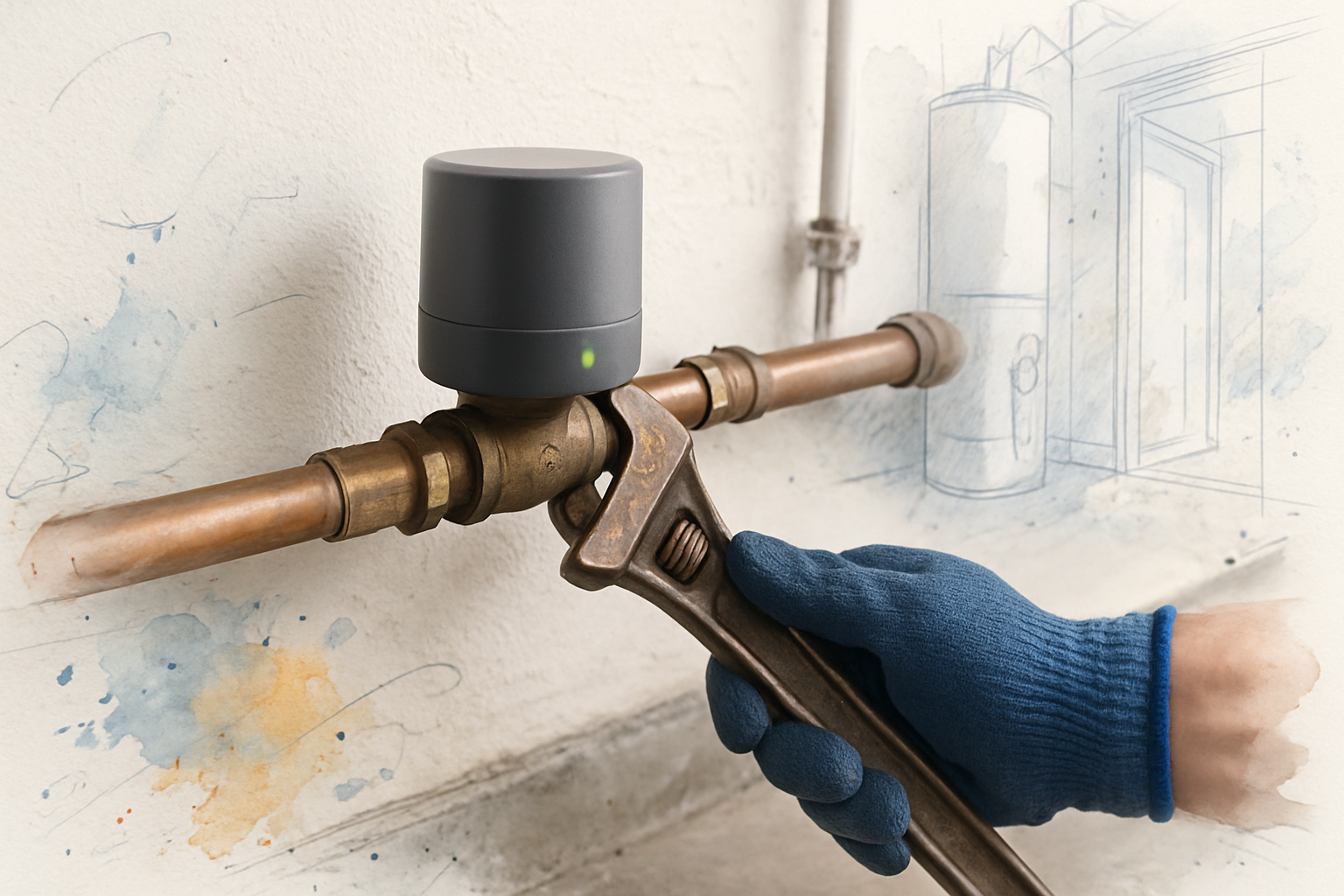 Automatic water shutoff device installed on a home's main water line in a garage beside the manual valve
