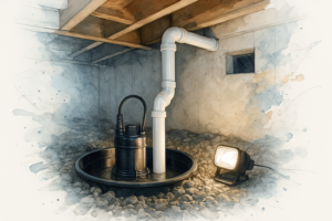 Sump pump in a damp crawl space basin with PVC discharge pipe rising through elbows toward a vent