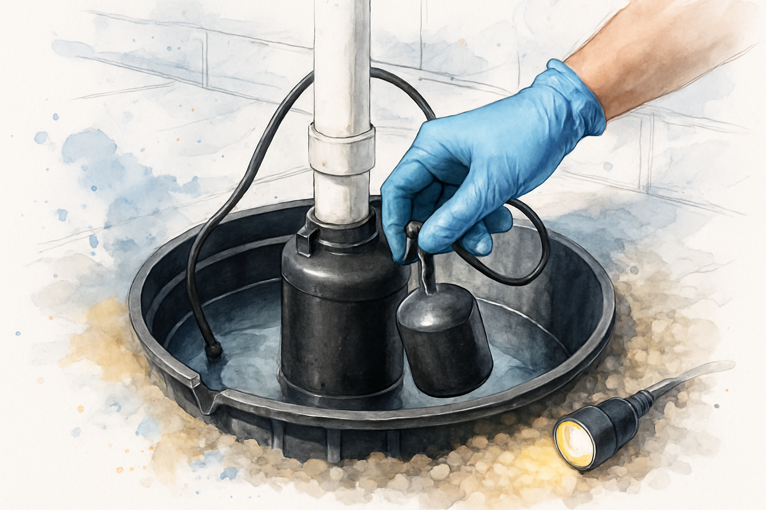 Gloved hand showing a sump pump float switch caught against the basin wall inside a crawl space