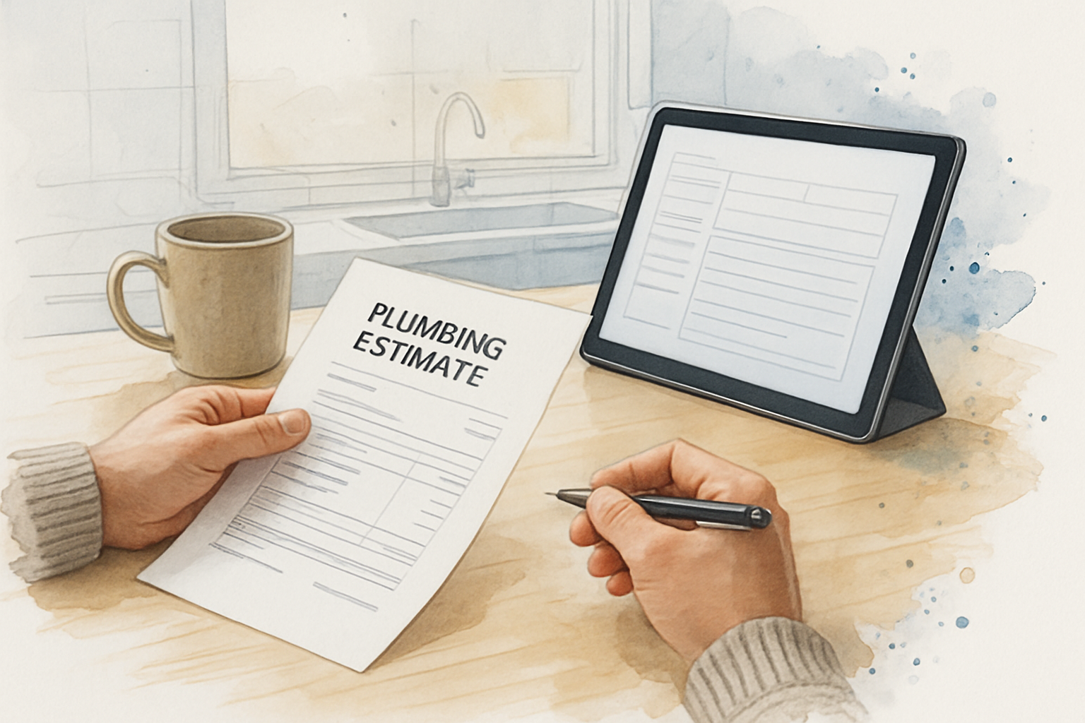 Homeowner comparing a paper plumbing estimate to a license lookup record on a tablet at a kitchen table