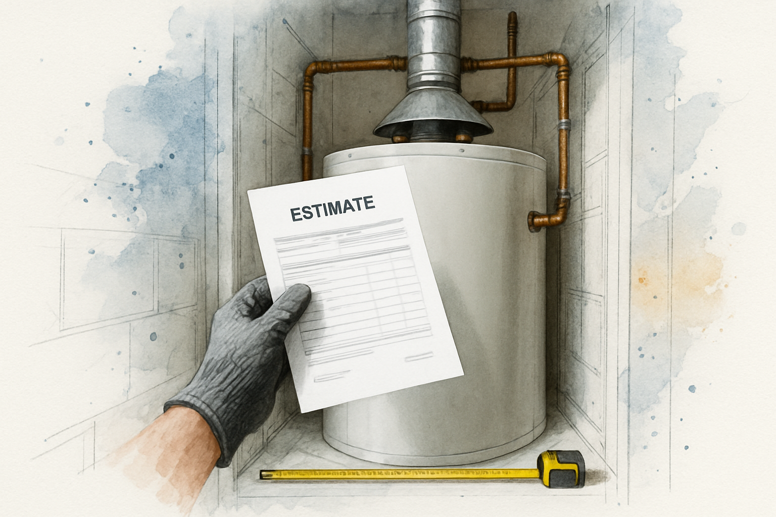 Contractor comparing a project estimate against an existing gas water heater in a tight utility closet