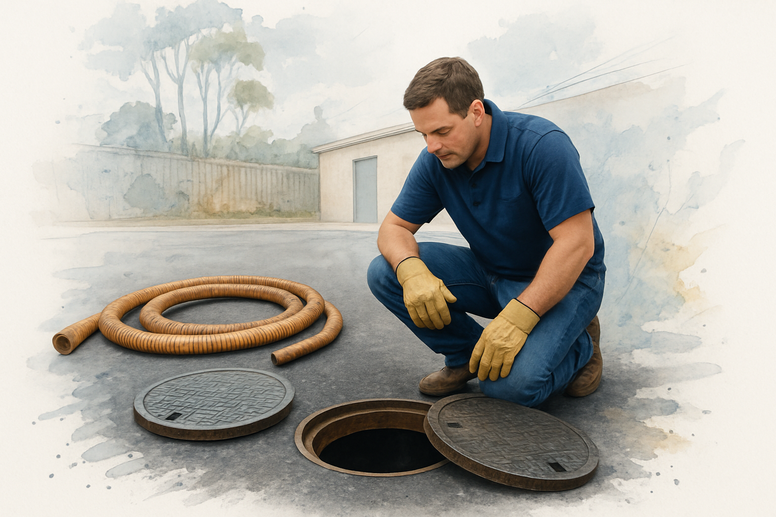 Worker opening an underground grease interceptor access lid behind a Central Coast restaurant building