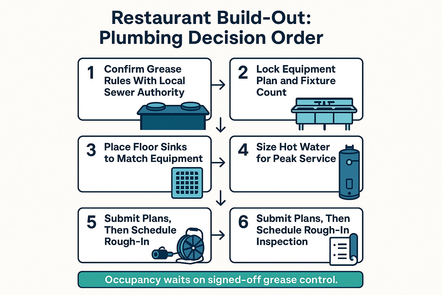 Infographic showing the six-step plumbing decision order for a Santa Cruz County restaurant build-out