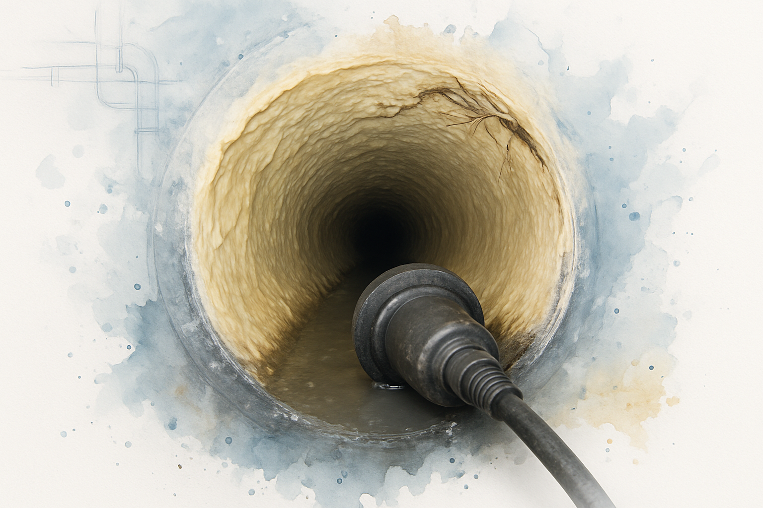 Inside view of a commercial sewer line showing hardened grease on the pipe wall and roots at a joint