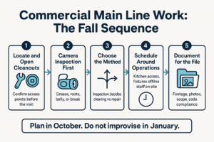 Infographic showing the five step fall sequence for commercial sewer main line maintenance