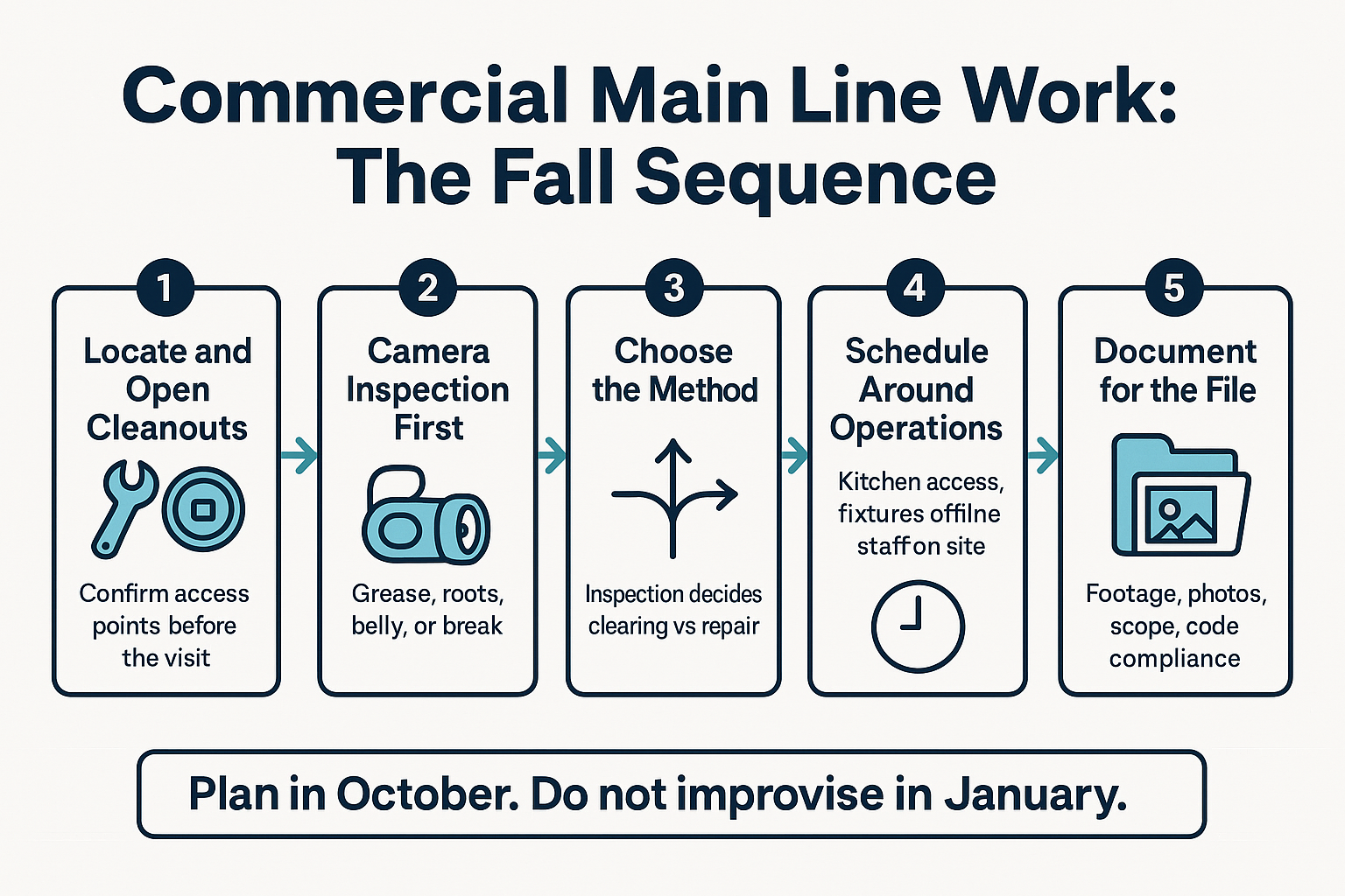 Infographic showing the five step fall sequence for commercial sewer main line maintenance