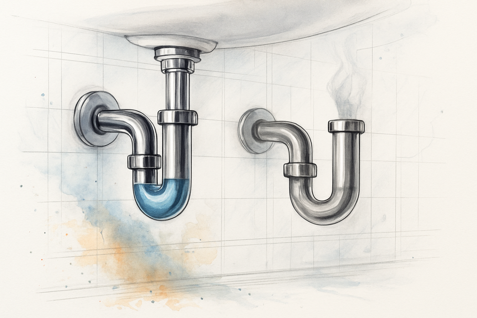Cross-section comparing a P-trap holding water to a dry P-trap letting sewer gas rise into the bathroom