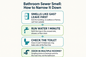 Infographic showing four steps to narrow down the cause of a sewer smell in a bathroom