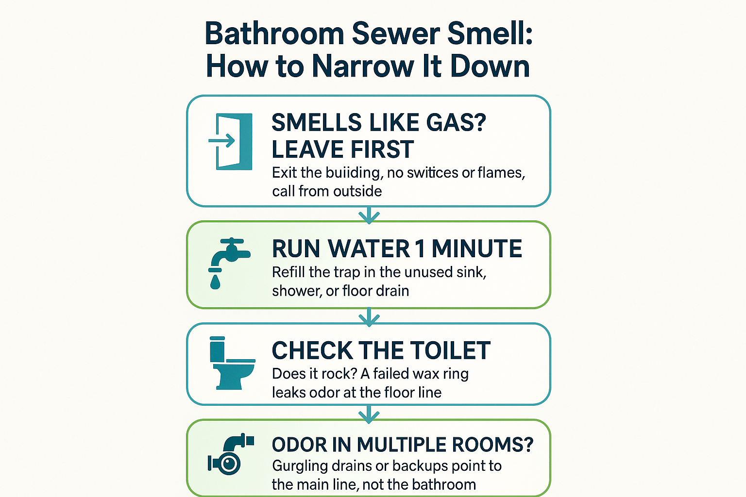 Infographic showing four steps to narrow down the cause of a sewer smell in a bathroom