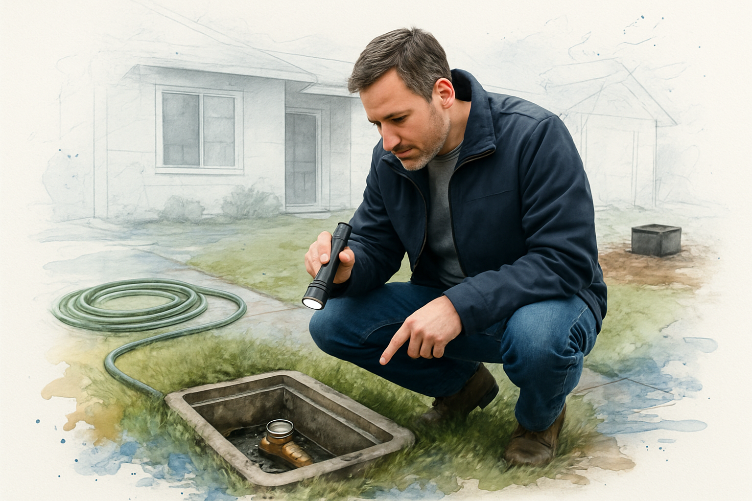 Homeowner kneeling beside an open meter box with a flashlight, watching the meter dial for signs of a hidden leak