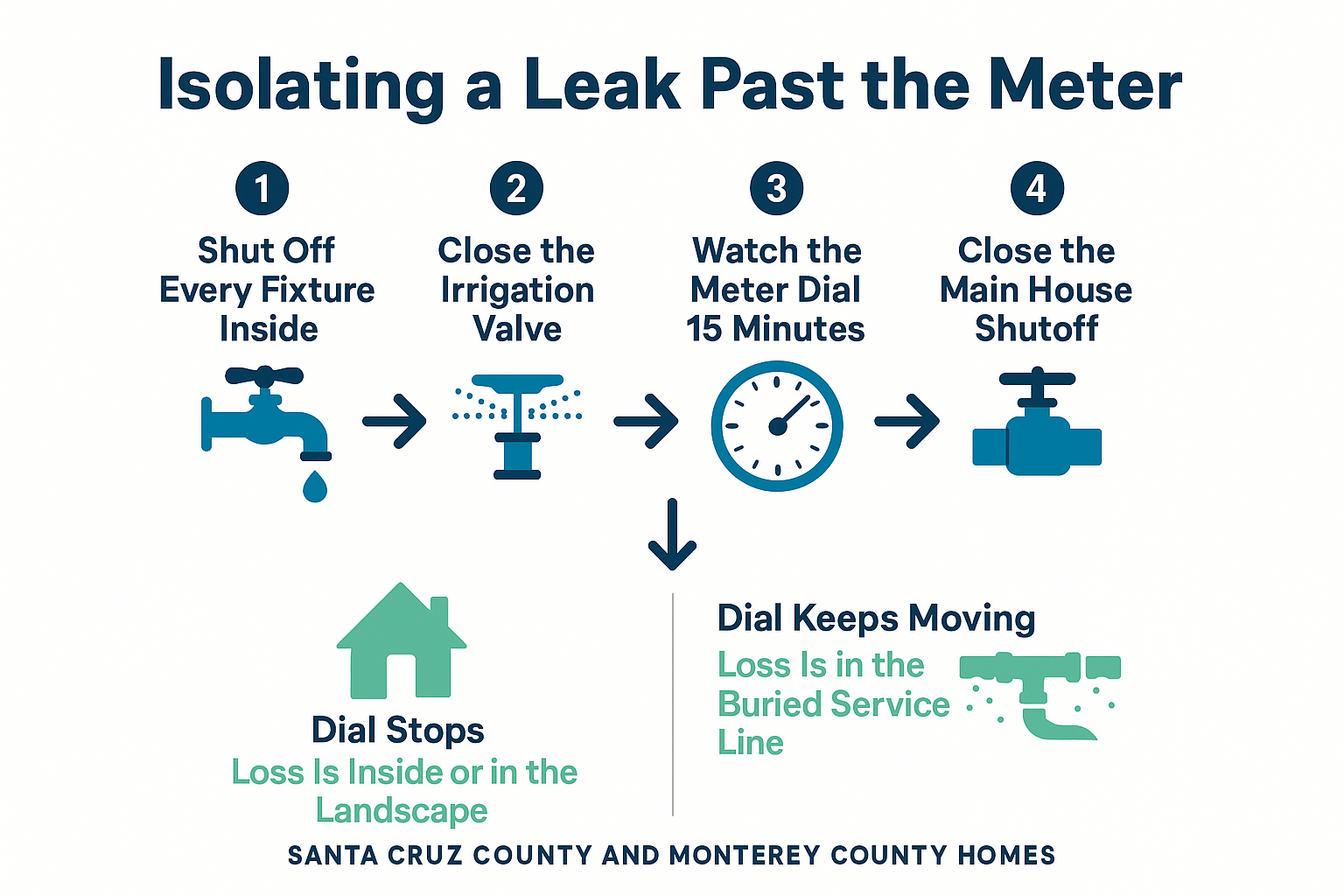 Infographic showing four steps to isolate a water leak past the meter and the two possible outcomes