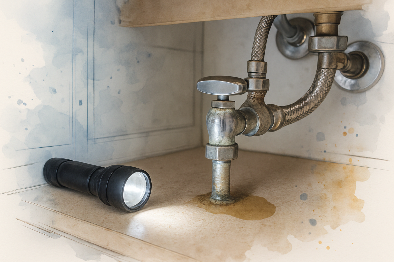 Flashlight on a corroded shutoff valve and supply line with mineral buildup under a bathroom sink