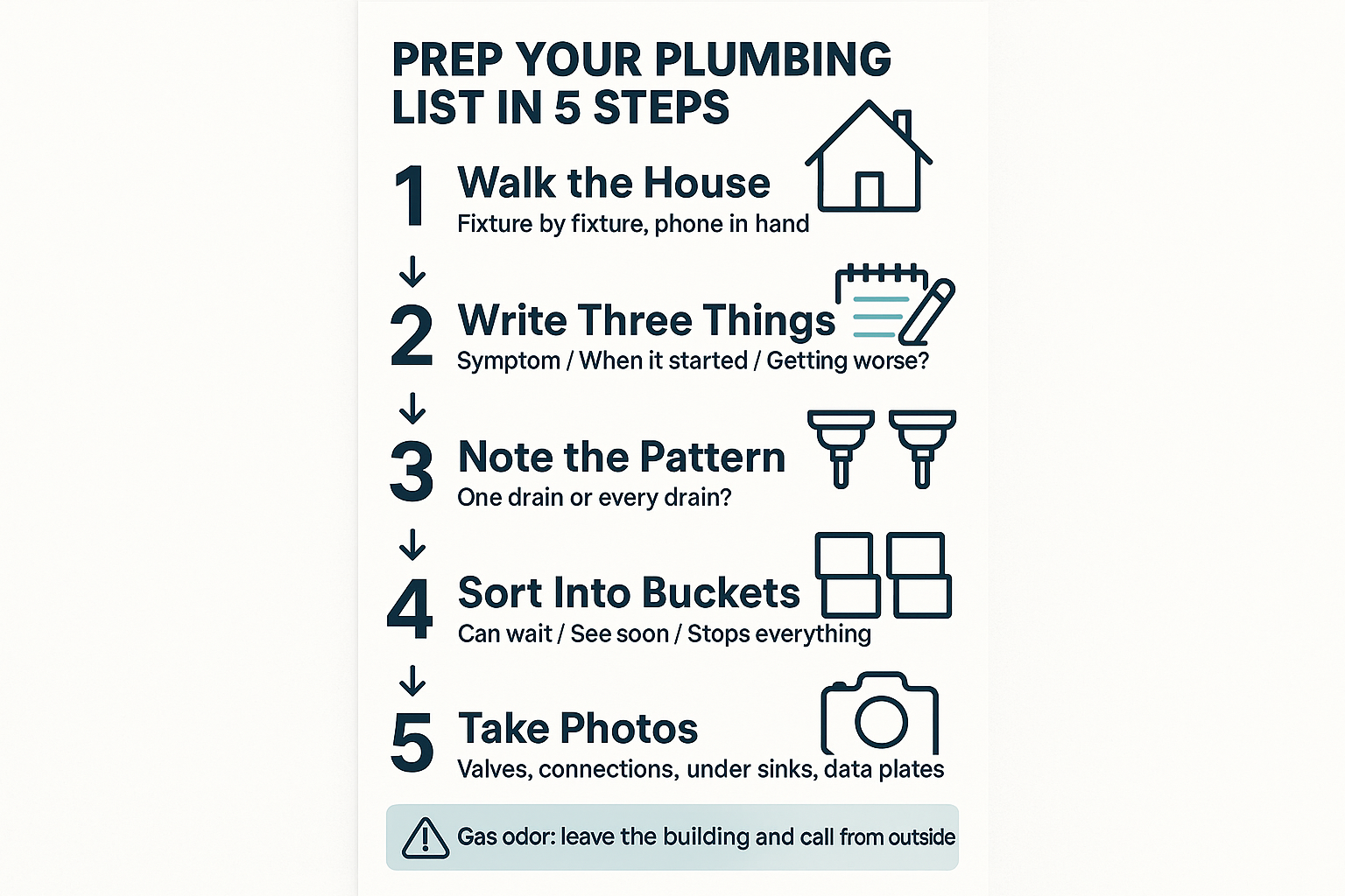 Infographic showing five steps to prepare a plumbing repair list before scheduling one visit
