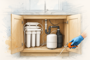 Under-sink with filter bank, storage tank and tubing inside a kitchen cabinet
