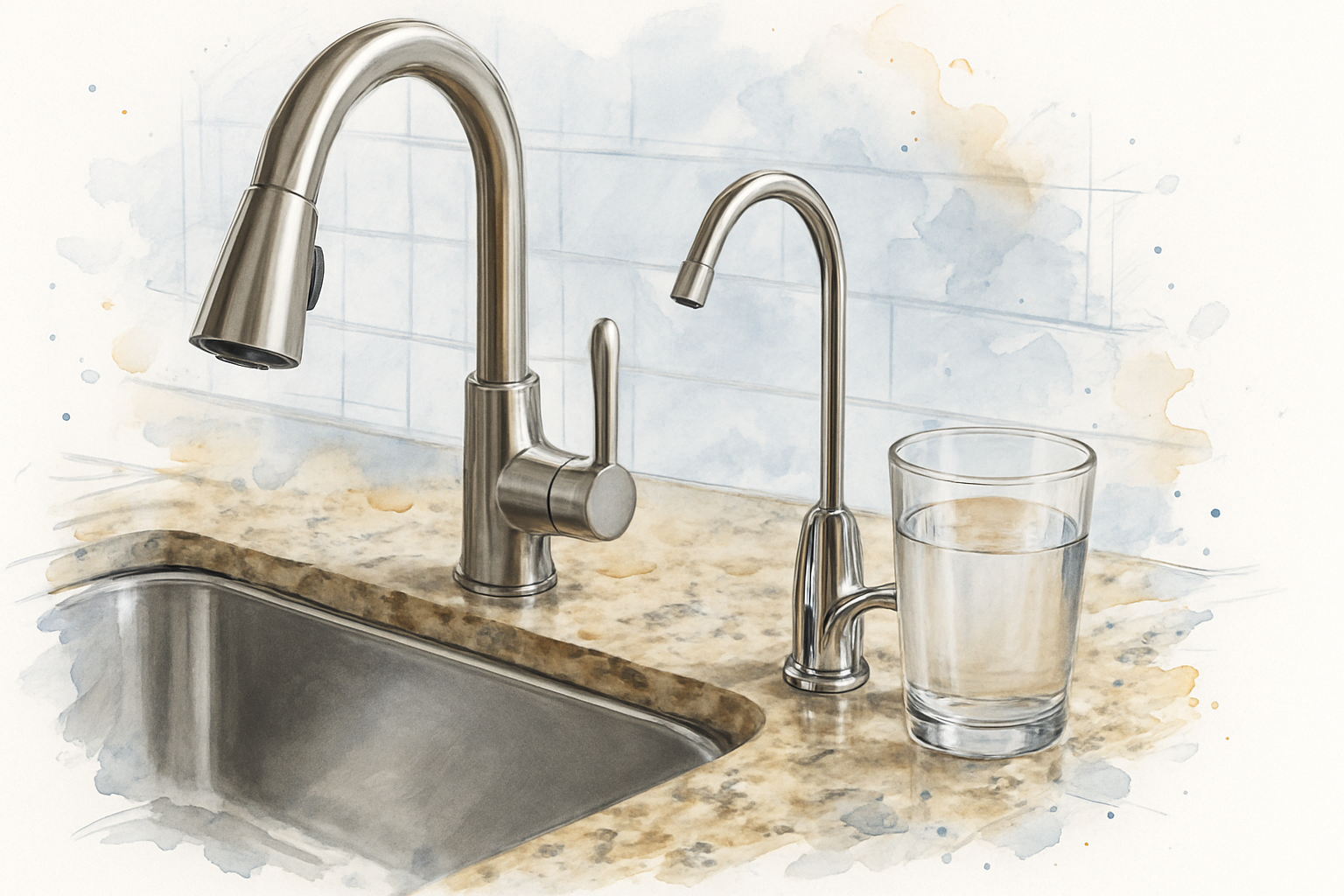 Separate chrome drinking water faucet installed next to a main kitchen faucet on a granite counter