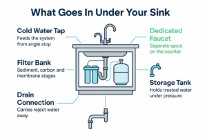 Infographic showing the five components of an under-sink reverse osmosis system and where each connects