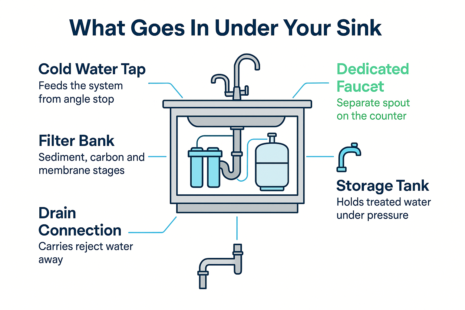 Infographic showing the five components of an under-sink reverse osmosis system and where each connects
