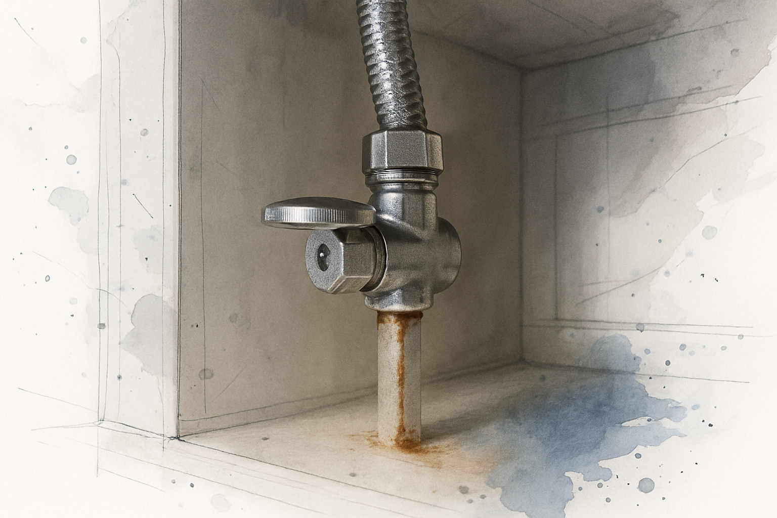Shutoff valve and braided supply line with mineral crust under a bathroom sink