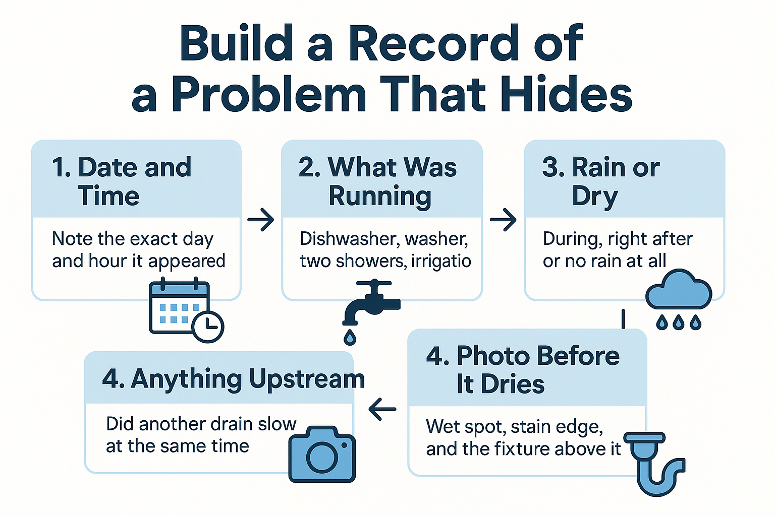Infographic showing five things to record when an intermittent plumbing symptom returns