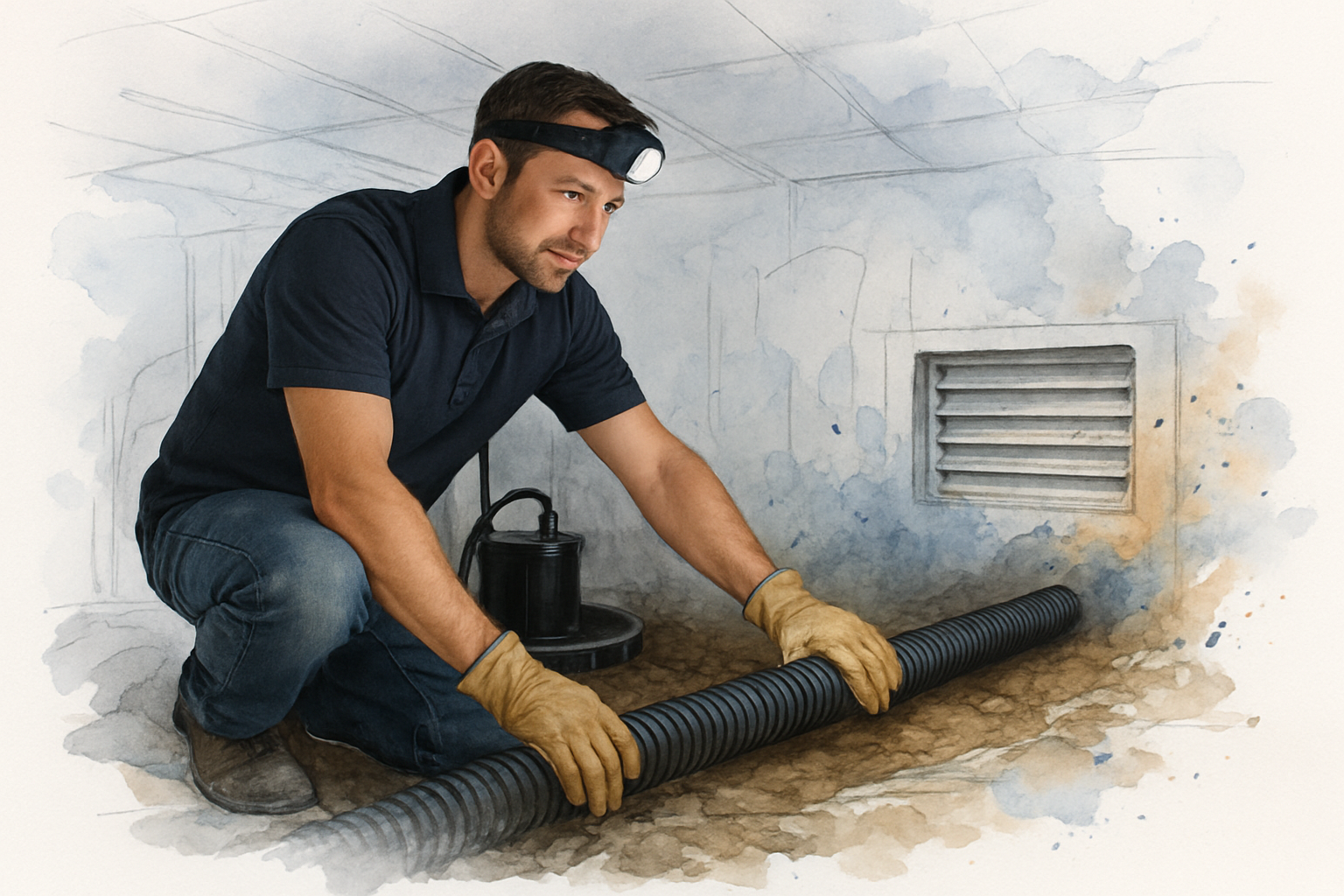 Plumber in a crawl space tracing a sump pump discharge pipe toward the foundation wall